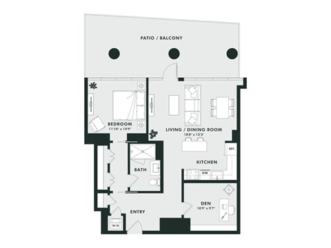 Floor plan for 1 bed, 1 bath, 854 sqft